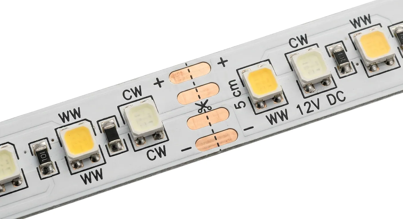 LED pásek CCT 18W 12V detail — dvouvrstvé PCB, San'an 2835 SMD, měděná základna se stříbrným povrchem